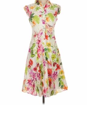 Laundry By Shelli Segal White Floral Midi Dress with Pink, Green & Orange